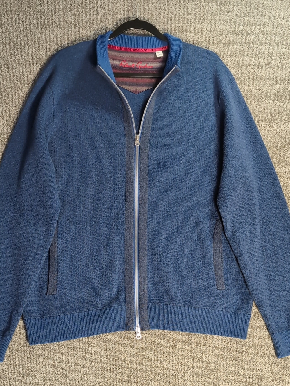 Robert Graham Full Zip Up Cardigan Sweater Size Large in Navy Blue/Gray Cotton